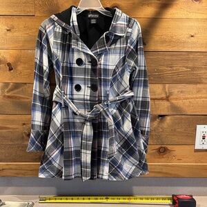 Button and Tie Navy and White Plaid Trench Coat